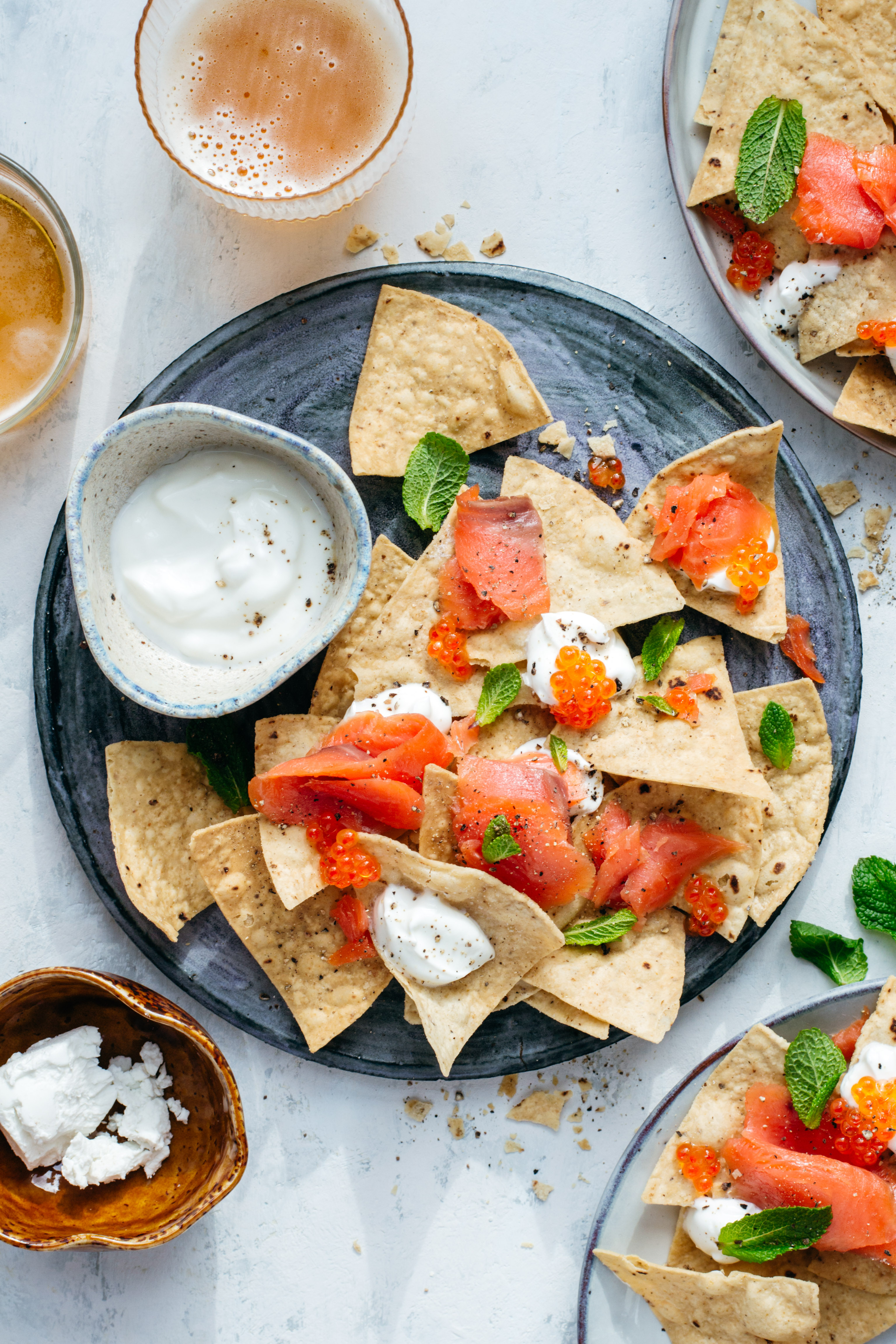 Food photography and styling. Tortilla chips with Irish trout, whipped goat cheese and trout caviar